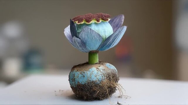 Close-up of a unique stylized flower with blue petals and a brown seed pod