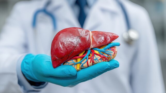 Physician with liver anatomy model Conditions liver cancer jaundice viral hepatitis A E cirrhosis liver failure enlargement hepatic encephalopathy ascites health topic