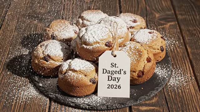 Sweet muffins dusted with powdered sugar for St. Daged's Day 2026, festive celebration food and baking, delicious treat