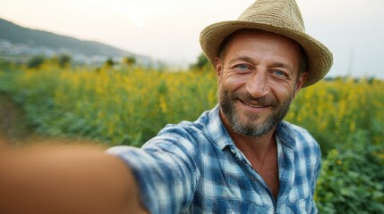 Fototapeta premium Happy farmer taking a selfie in an agricultural field in Italy showcasing growth and sustainability
