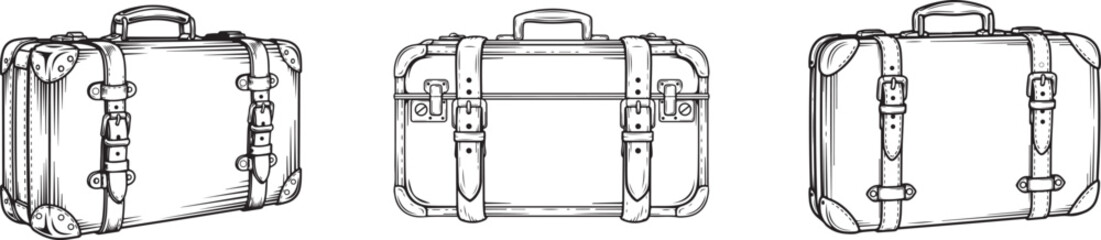 Hand Drawn Vintage Travel Suitcase Set, Retro Luggage Bag Line Art, old Suitcase Luggage Retro Travel hand drawn cute line art vector illustration