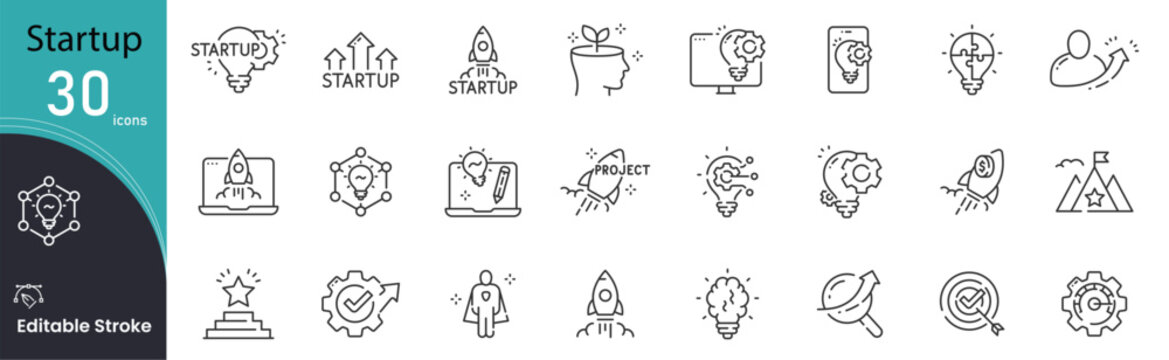 Startup related icon collections. Containing Startup, Innovation, Business, Launch, Idea, Growth, Entrepreneur, Investment, Strategy, and Success icons. Editable Stroke.