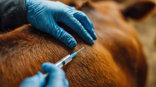 A person in blue gloves giving a syringe injection to the healthy side of a cow for anthrax vaccination