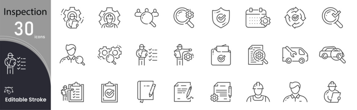 inspection related icon collections. Containing Inspection, Audit, Check, Review, Quality, Control, Survey, Report, Verification, and Assessment icons. Editable Stroke. 