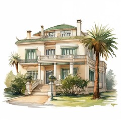 Fototapeta premium A villa depicted in watercolor surrounded by plants