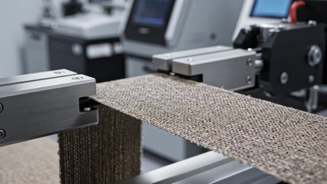 A close-up shot highlights a textured beige fabric sample undergoing quality testing, held by metallic clamps in a professional industrial laboratory setting.