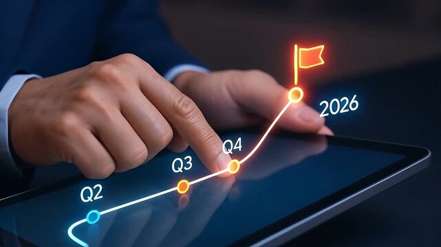 Business growth success digital chart hand tablet upward trend future technology finance achievement glowing line progress quarter planning strategy goal innovation analysis investment leadership