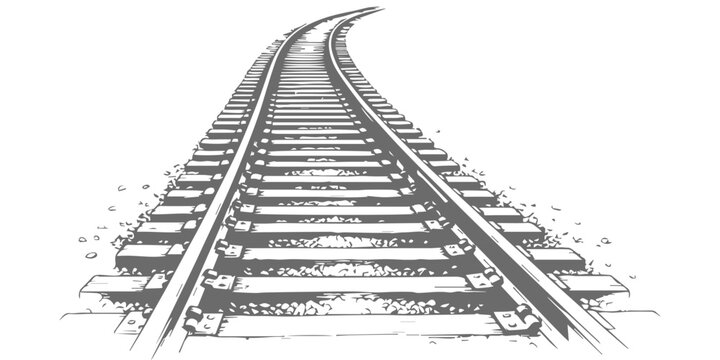 Perspective view of a curved railway track with wooden sleepers and gravel, hand-drawn illustration style
