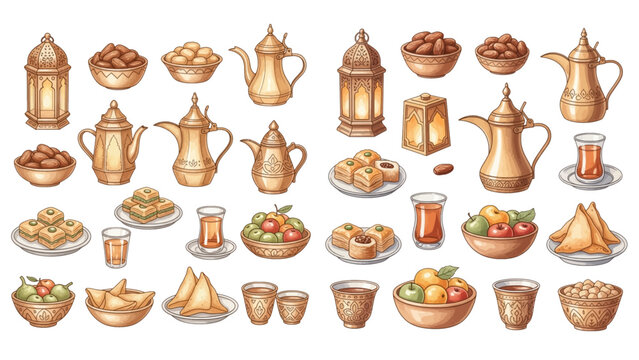 A charming watercolor collection of classic Arabic hospitality elements, featuring coffee dallahs, dates, sweets, tea cups, and serving dishes.