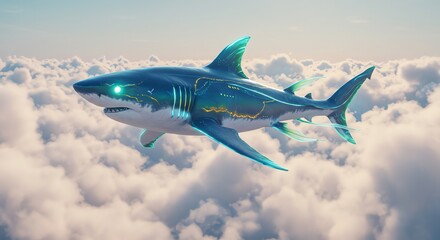Obraz premium Shark flying through clouds surreal digital art