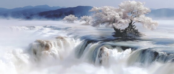 Snowy White Cherry Tree Beside a Misty Waterfall Scene With Cascading Water and Fog