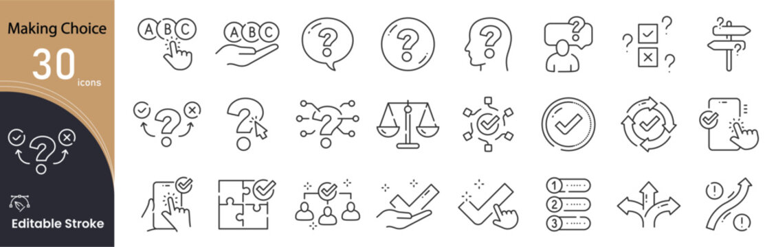 Making Choice related icon collections. Containing Choice, Decision, Option, Select, Pick, Preference, Selection, Vote, Alternative, and Decision-Making icons. Editable Stroke .