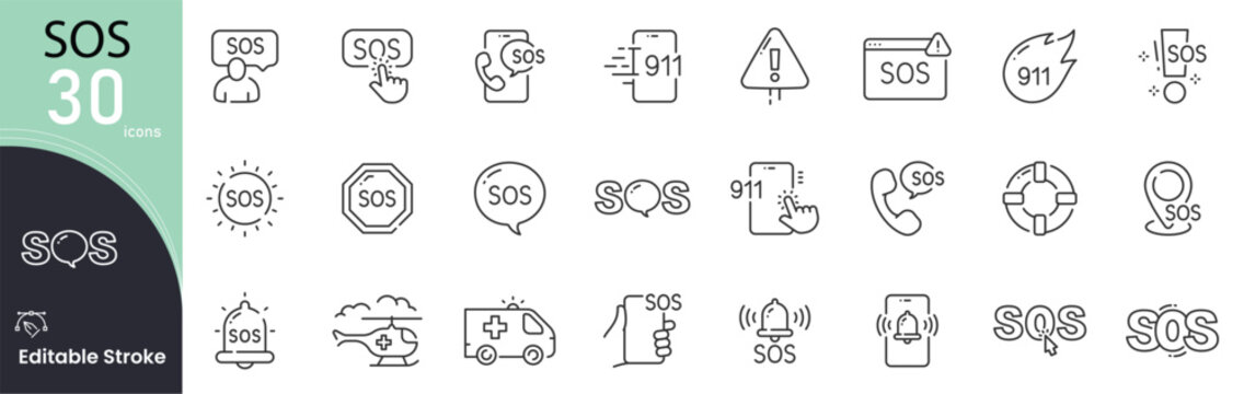 SOS related icon collections. Containing SOS, Help, Emergency, Alert, Rescue, Danger, Assistance, Warning, Safety, and Support icons. Editable icons.