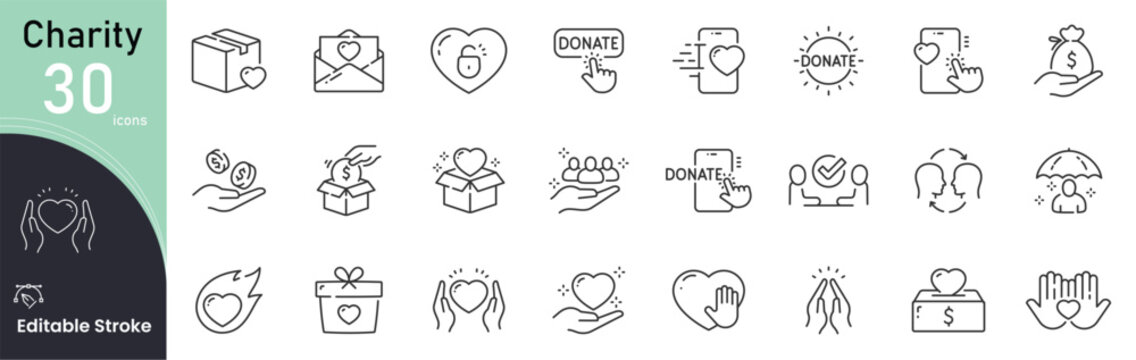 Charity related icon collections. Containing Charity, Donation, Help, Support, Care, Volunteer, Fund, Kindness, Aid, and Hope icons. Editable Stroke.