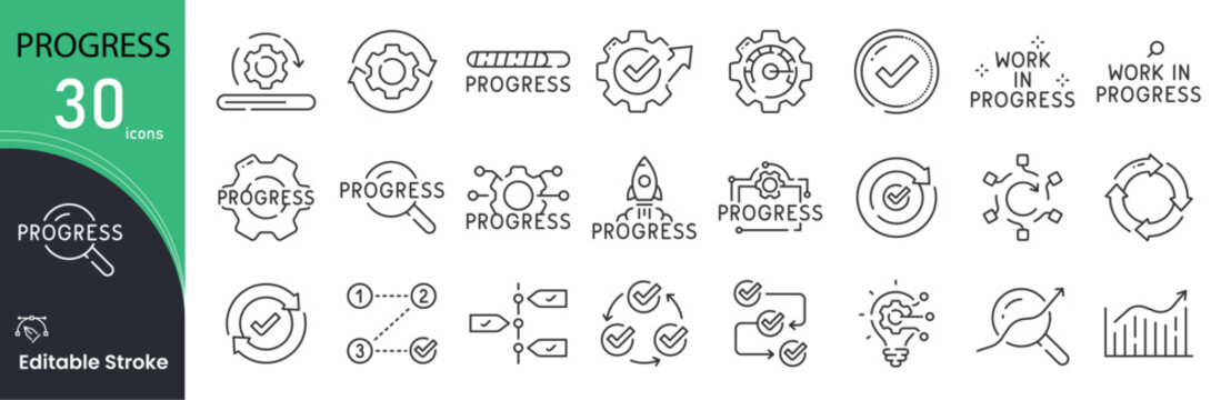  Progress related icon collections. Containing Progress, Growth, Improvement, Development, Success, Arrow, Chart, Goal, Achievement, Step, and Movement icons. Editable Stroke.