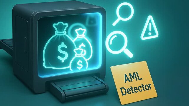 AML Detector Money Bag Magnifying Glass Warning Sign Digital Illustration Teal Background Financial Security Anti Money Laundering Fraud Prevention Technology Modern Design Risk Management Compliance