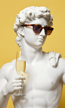 shot white marble statue apollo clad trendy brown sunglasses holding champagne flute set vibrant bright