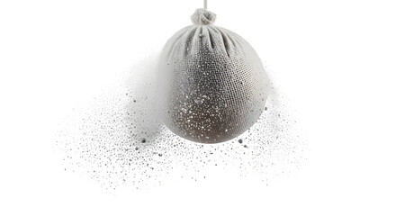 Explosion of a small cloth bag filled with dark powder particles against a transparent background