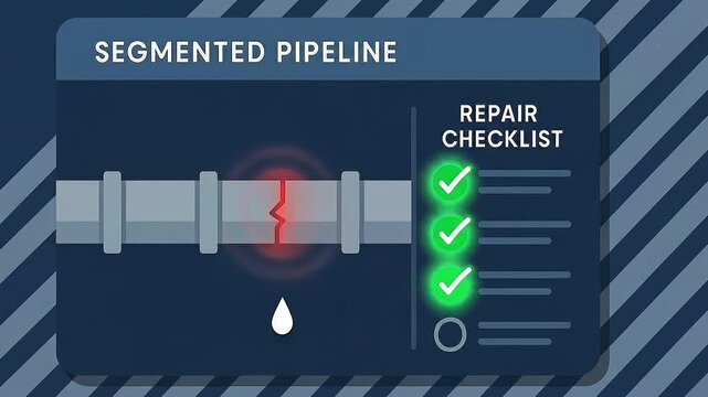 Segmented Pipeline Leak Crack Repair Checklist Maintenance Inspection Water Drop Glowing Red Warning Industrial Safety Fluid Engineering Infrastructure Monitoring System Prevention Equipment