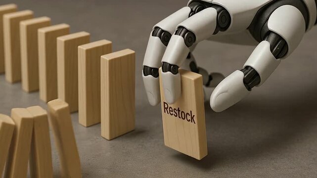 Robotic hand wooden block restock automation technology supply chain artificial intelligence innovation future efficiency concept business industry logistics management process modern machine