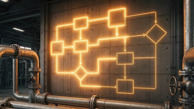 Glowing flowchart industrial pipe metal wall orange neon factory interior process diagram technology workflow modern illuminated engineering system structure arrows decision connection automation