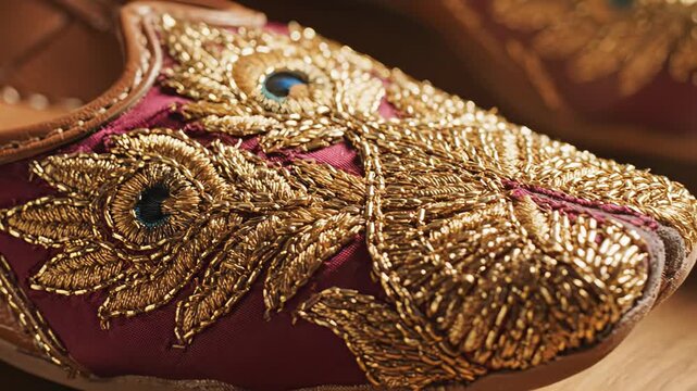 Exquisite Burgundy Leather Jutti Shoes Adorned With Intricate Gold Peacock Embroidery and Blue Eye Details Close Up Studio Lighting