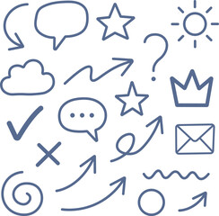 Hand Drawn Doodle Symbols Collection with Arrows, Chat Bubbles, Stars, Checkmarks and Simple UI Icons