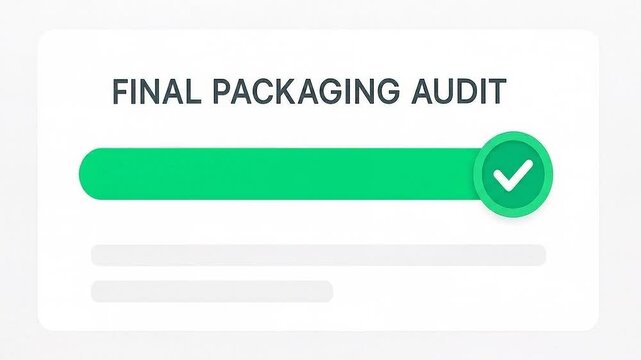 Final packaging audit progress bar green check mark quality control inspection approval completed verification process success business manufacturing compliance assessment review validation