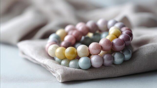 Colorful beaded bracelets arranged on a soft fabric surface. The beads are in pastel shades of pink, yellow, and blue, creating a delicate and stylish appearance.