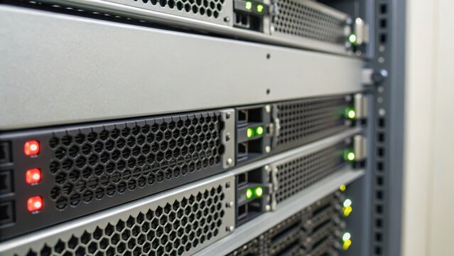 Close-up of a server rack with multiple network servers showing power and activity indicator lights in a data center environment.