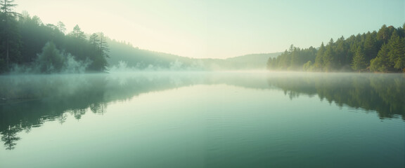Tranquil mist rising over emerald lake at dawn amidst forest backdrop  