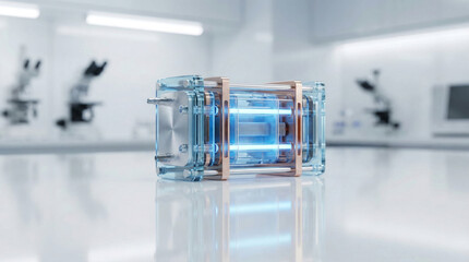 Laboratory experiment device with glowing blue light tubes inside transparent container research equipment