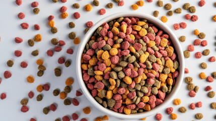 Bowl Overflowing with Dog Kibble, Scattered Around on White.