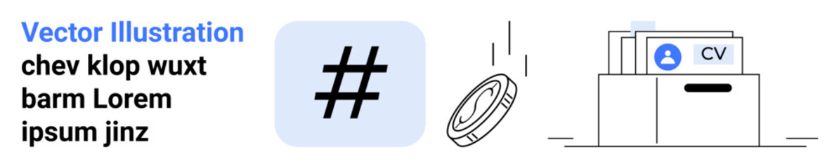 Obraz premium metadata tag icon, coin falling in motion, and folders with CV icon in storage. Ideal for social media, finance, data management, job applications, digital marketing, career concepts and a simple