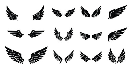 Collection of ornate black wings in varying designs silhouette
