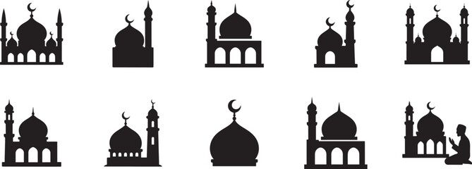   Mosque silhouette icon set. Vector illustration of Islamic architecture, minarets, and domes. © Md.Ataullah
