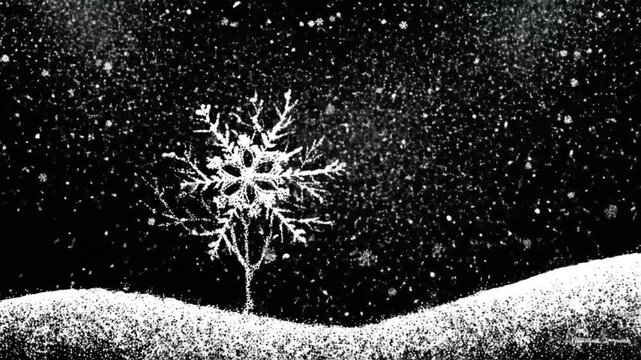 A white snowflake tree stands on a snowy hill against a black background, with falling snow