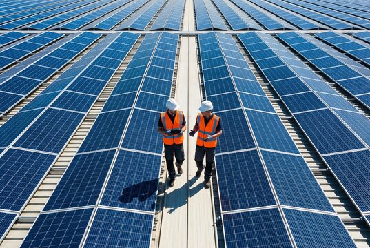 Engineers Inspecting Solar Panels at Renewable Energy Plant