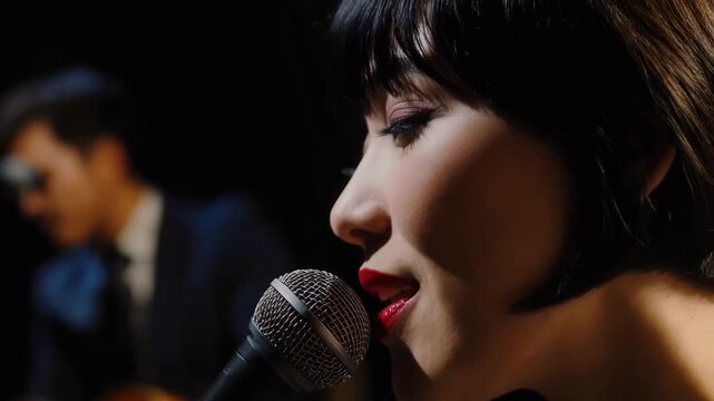 Singer performs in a small venue with a band in the background during a live music event at night