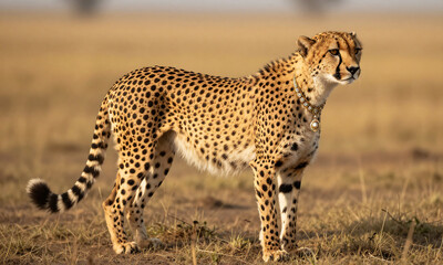 Naklejka premium regal cheetah stands angle serene savannah setting fur illuminated warm golden light intricate jewelry accentuating