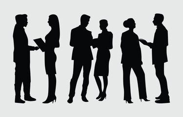 Group of people in business attire standing together in silhouetted illustration format