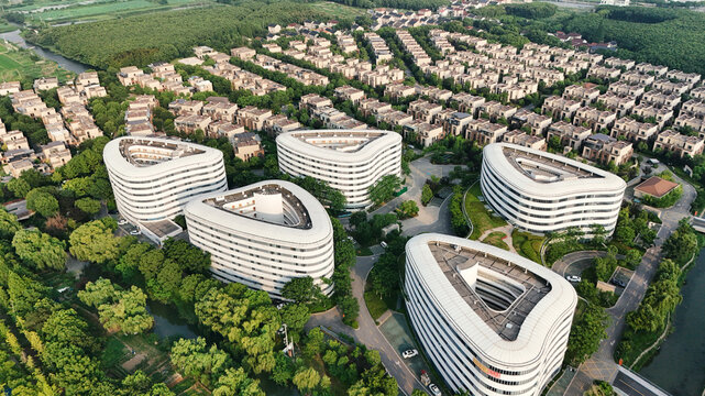 Dianshan Lake Industrial Base Kunshan: Modern Curved Residential Towers Aerial View