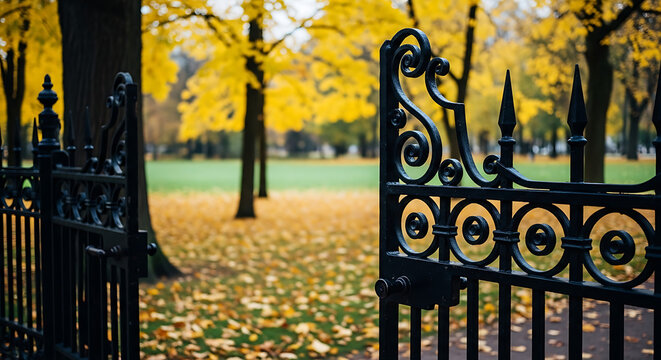 An ornate black iron gate stands open in a vibrant autumnal park scene viewed from a low angle