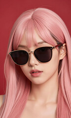 Fototapeta premium vibrant portrait youthful female model striking pink hair stylish sunglasses set bold bright red