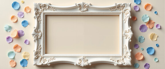 Ornate frame filled with chaotic colorful confetti on pastel background  
