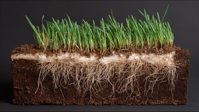 Close-up of a square cross-section revealing soil layers, grass, and extensive root system