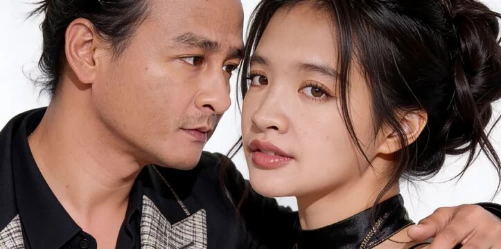 Medium Close-Up Of A Stylish Couple Posing Like Professional Supermodels, Their Faces Inches Apart In A Romantic And Intimate Korean Drama Style