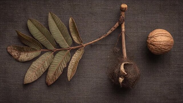 Still life composition with leaves, a branch, a walnut and a root ball on a textured dark background