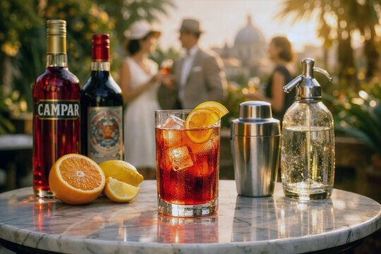 Flasche Campari und Cocktail auf einem Marmortisch mit Blick auf Rom beim Sonnenuntergang