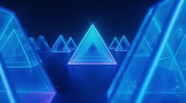 Futuristic glowing blue pyramids arranged in geometric pattern  